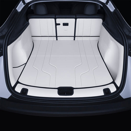 Nappa leather trunk mats for Tesla Model Y Juniper, 7-piece set, durable and luxurious interior protection.