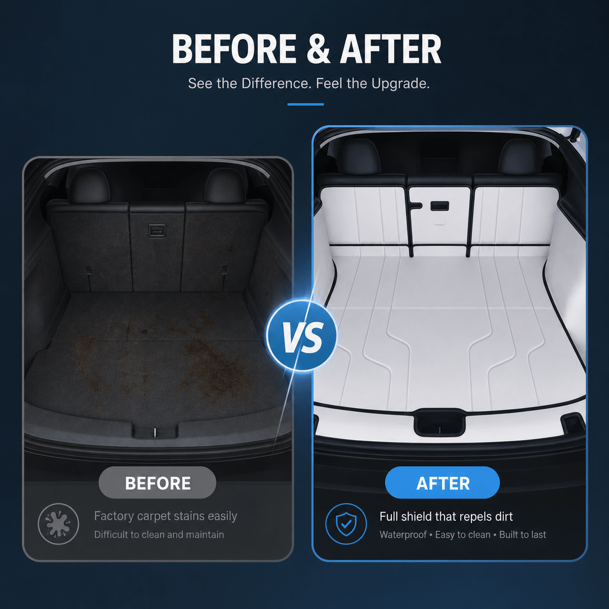 Nappa leather trunk mats for Tesla Model Y Juniper, 7-piece set, durable and stylish car interior accessories by Tesery.