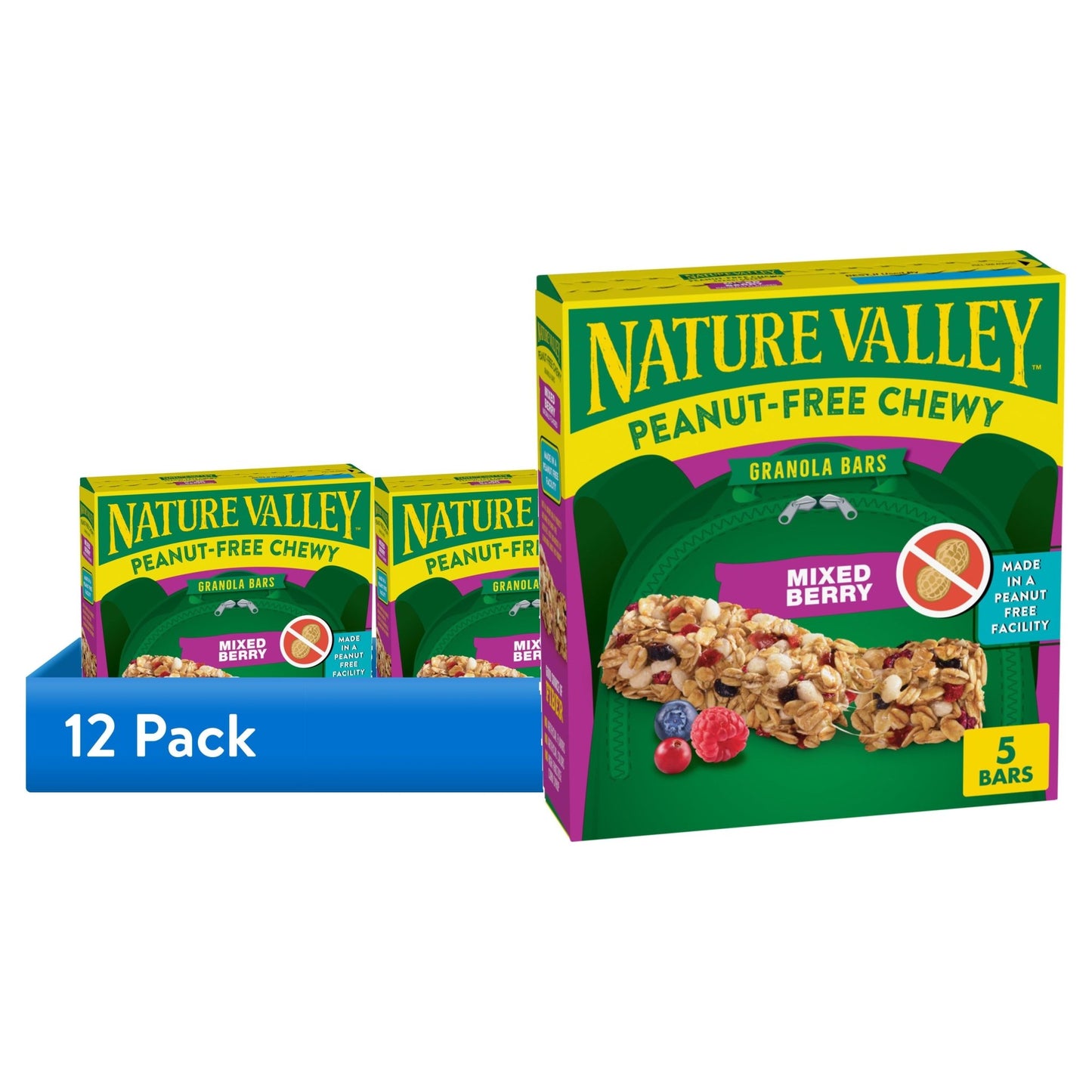 Nature Valley peanut-free chewy granola bars in mixed berry flavor, 5 bars, 4.6 oz, shown in the image.