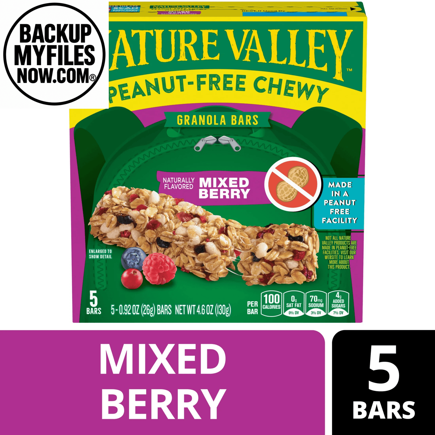 Nature Valley Peanut-Free Chewy Granola Bars in Mixed Berry flavor, showing 5 bars with berry chunks and textured oats.