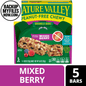Nature Valley Peanut-Free Chewy Granola Bars in Mixed Berry flavor, showing 5 bars with berry chunks and textured oats.