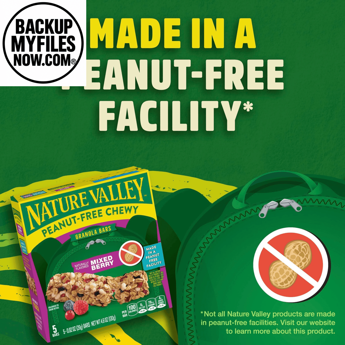 Nature Valley Peanut-Free Chewy Granola Bars with mixed berry flavor, 5 bars in a 4.6 oz pack, showing granola bar with berry pieces.