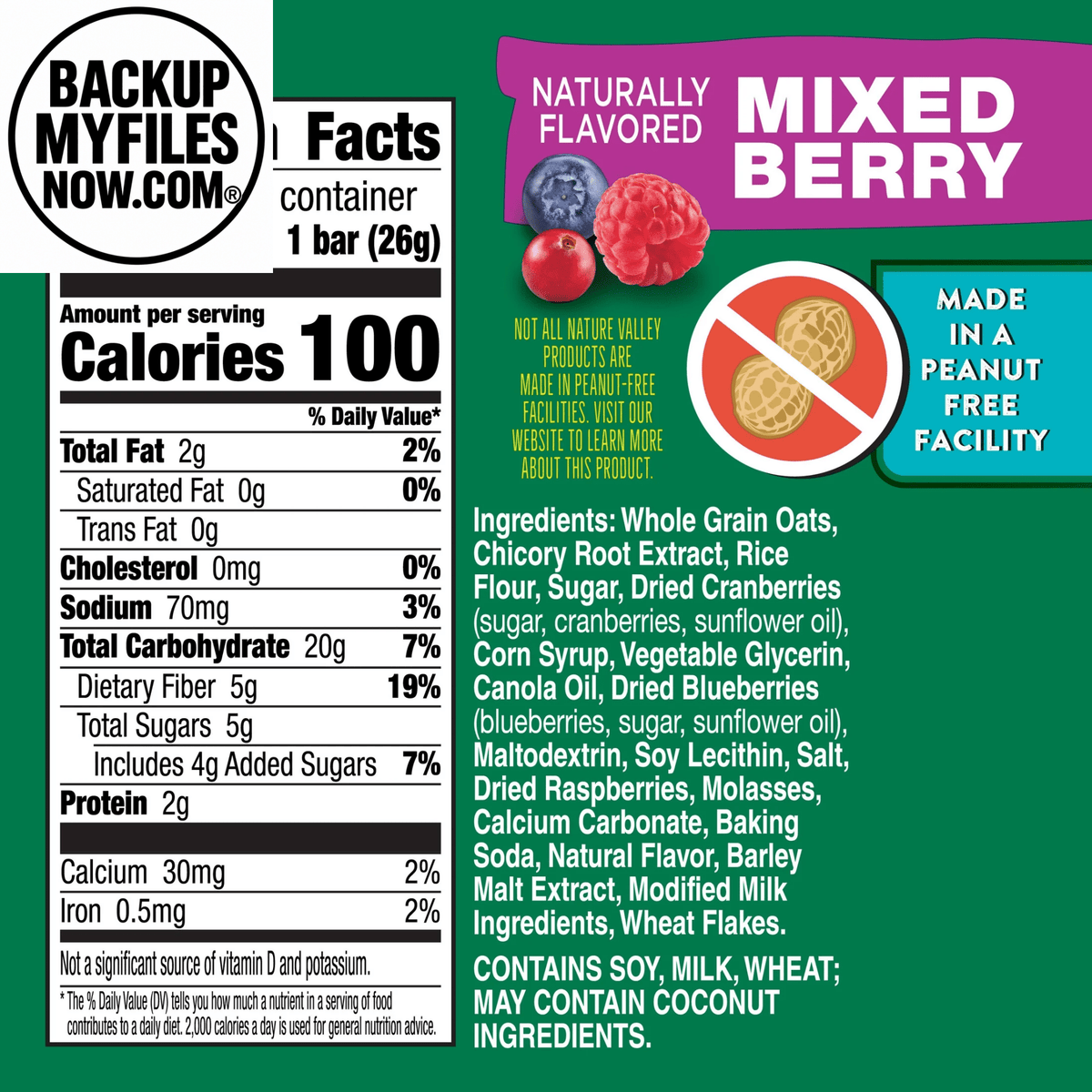 Nature Valley Peanut-Free Chewy Granola Bars with Mixed Berry flavor, 5 bars in a 4.6 oz package, featuring berry pieces and oats.