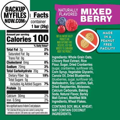 Nature Valley Peanut-Free Chewy Granola Bars with Mixed Berry flavor, 5 bars in a 4.6 oz package, featuring berry pieces and oats.