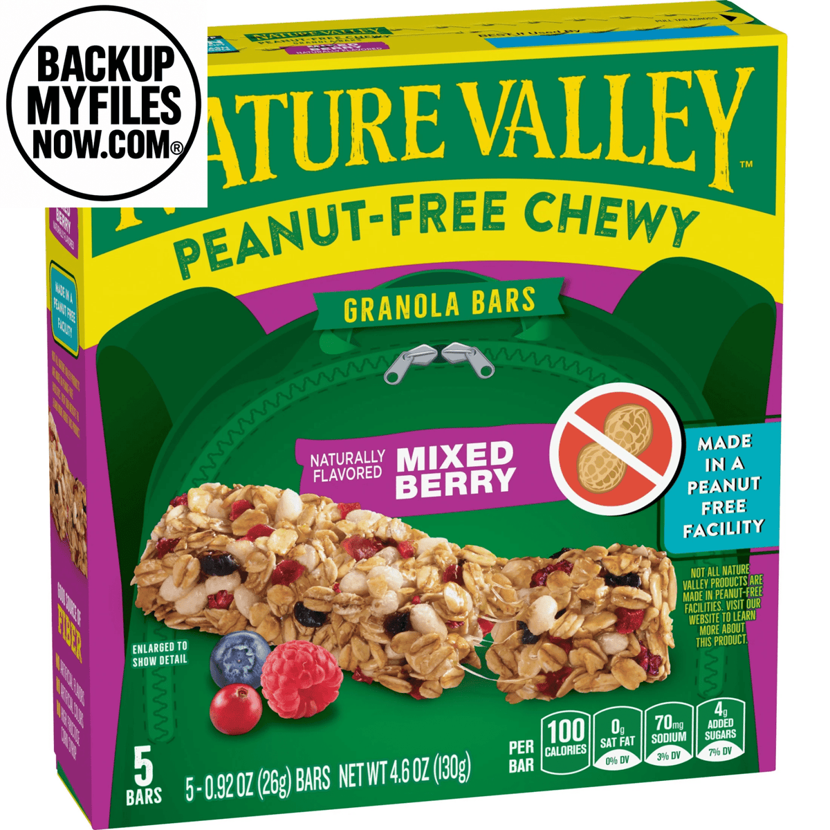 Nature Valley Peanut-Free Chewy Granola Bars with mixed berry flavor, showing five bars in a 4.6 oz package.