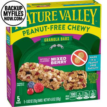 Nature Valley Peanut-Free Chewy Granola Bars with mixed berry flavor, showing five bars in a 4.6 oz package.