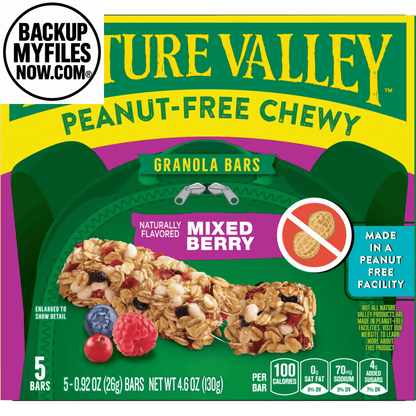 Nature Valley peanut-free chewy granola bars with mixed berry flavor, shown in a pack of 5 bars, 4.6 oz.