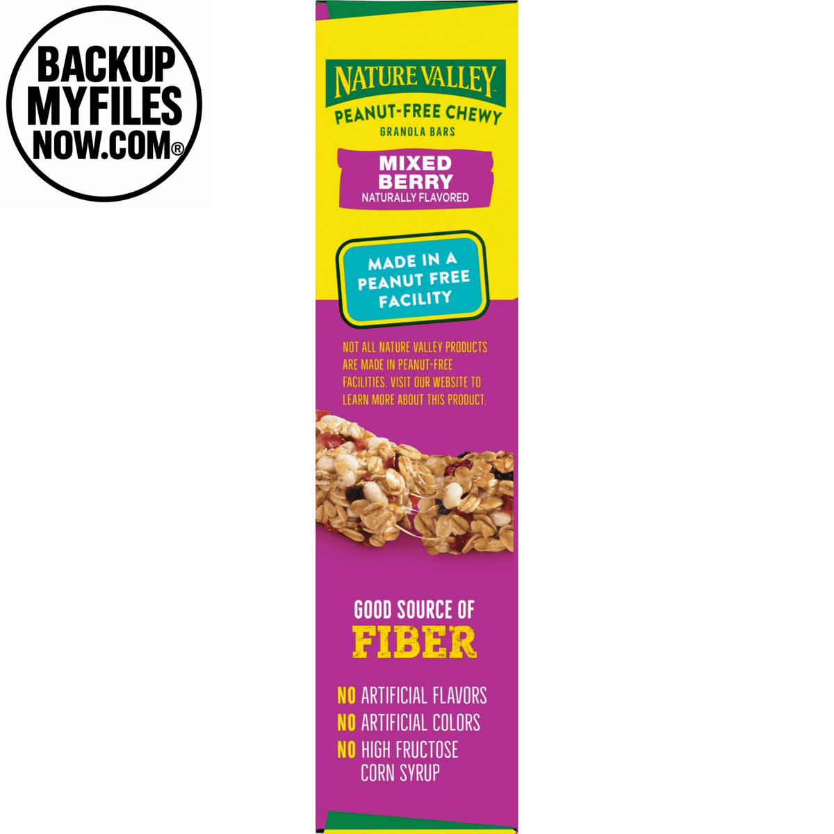 Nature Valley peanut-free chewy granola bars with mixed berry flavor, showing five bars in a 4.6 oz pack.
