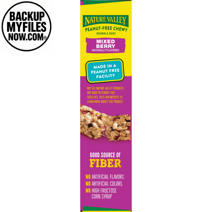 Nature Valley peanut-free chewy granola bars with mixed berry flavor, showing five bars in a 4.6 oz pack.