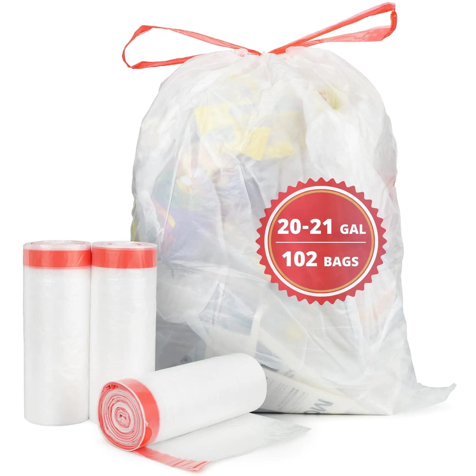 Geiteoa 20-21 Gallon Trash Bags Extra Strong Large Garbage Bags w/Drawstring (102 Count) Heavy Duty Plastic Trash Liners for Kitchen Commercial Office Lawn Clear