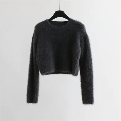 Solid Color Round Neck Pullover Sweater for Women