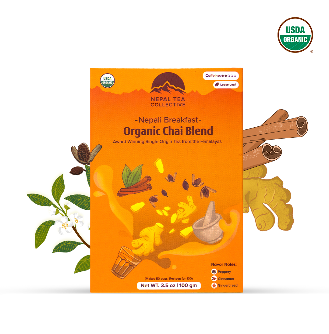Organic Nepali Breakfast tea blend by Nepal Tea, showing a steaming cup of brewed tea with fresh herbs and spices.