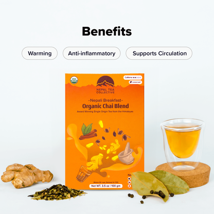 Organic Nepali Breakfast blend tea from Nepal Tea with a steaming cup and tea leaves in a natural setting.