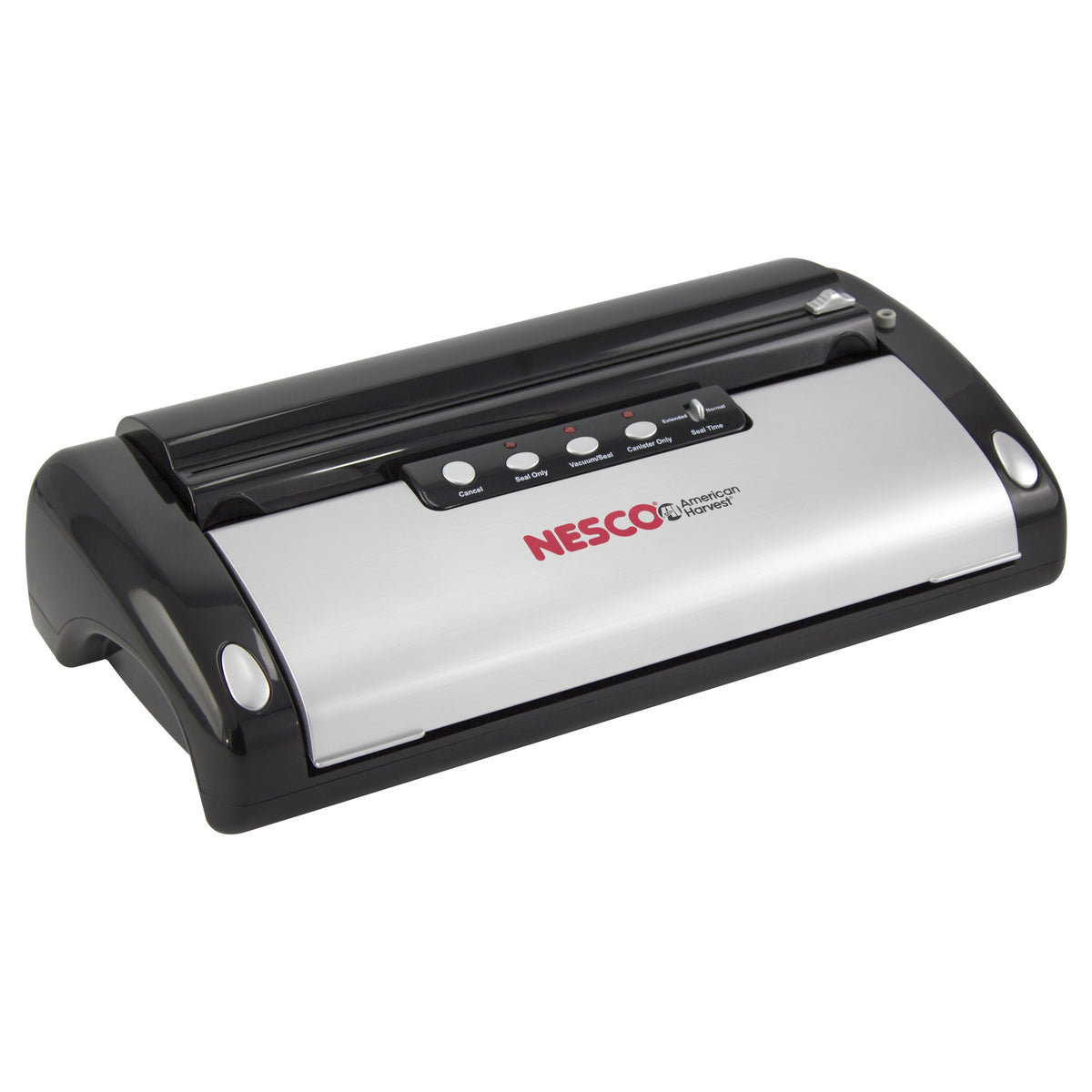 NESCO Vacuum Sealer Machine with built-in roll storage, accessory port, and included 10 ft rolls for food preservation and pantry storage.