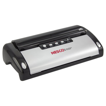 NESCO Vacuum Sealer Machine with built-in roll storage, accessory port, and included 10 ft rolls for food preservation and pantry storage.