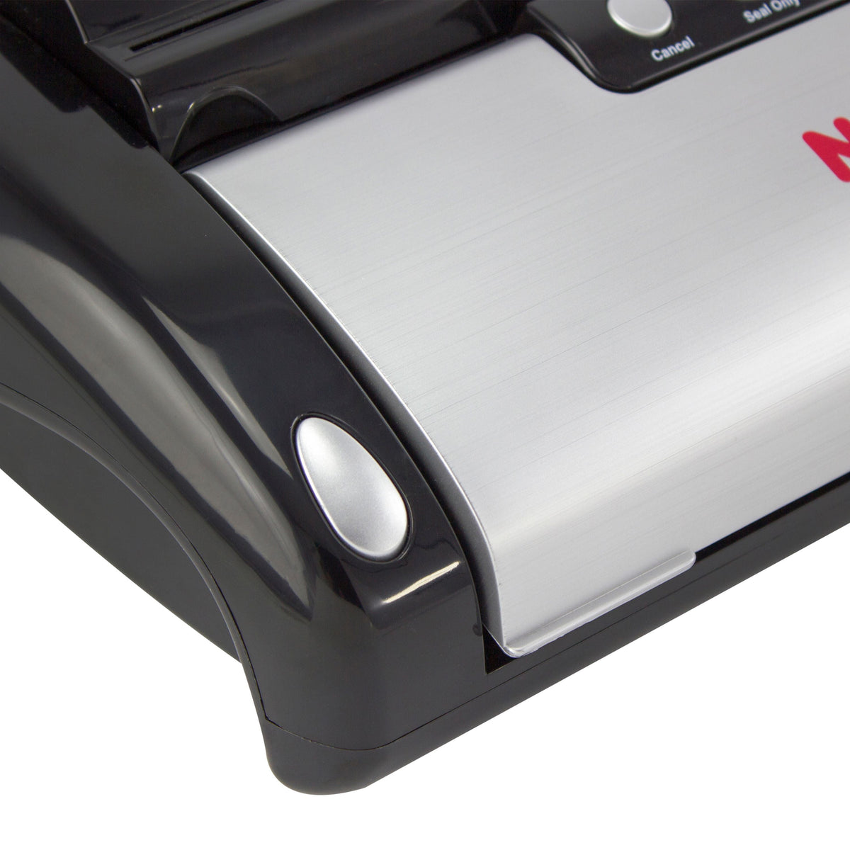 NESCO vacuum sealer machine with built-in roll storage, sealing jars and bags, includes 2 ten-foot rolls for food preservation.