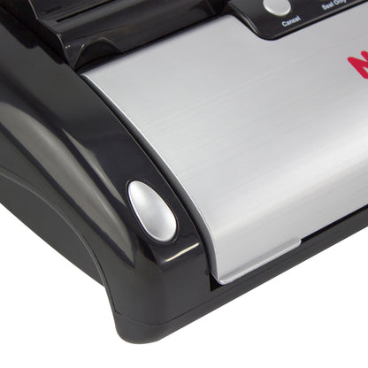 NESCO vacuum sealer machine with built-in roll storage, sealing jars and bags, includes 2 ten-foot rolls for food preservation.