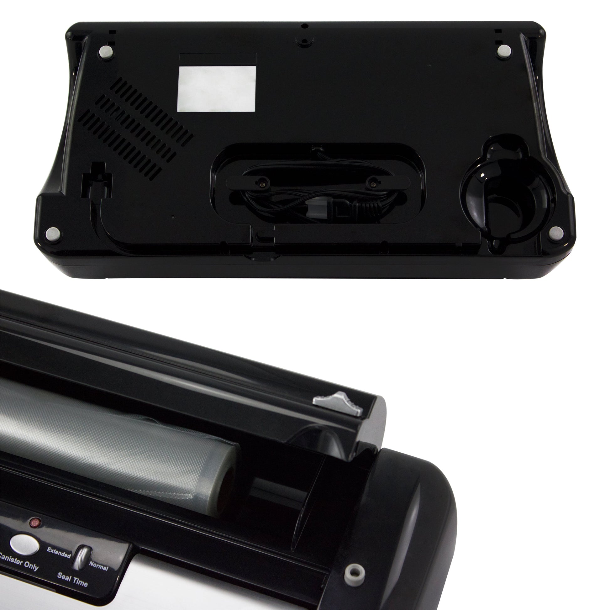 NESCO vacuum sealer machine with built-in roll storage, cutter, accessory port, and two 10-foot sealing rolls for food preservation.