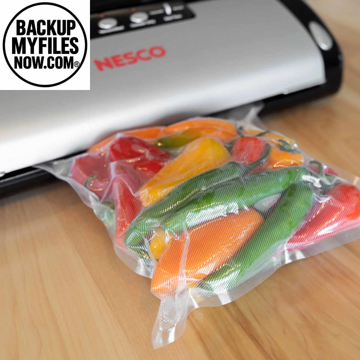 NESCO vacuum sealer machine with built-in roll storage, cutter, accessory port, and two 10 ft sealing rolls for food preservation