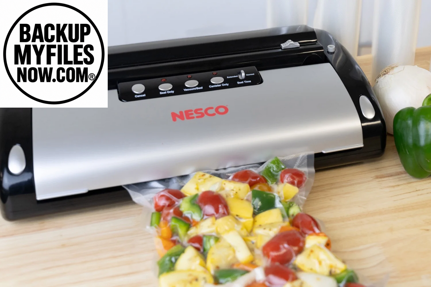 NESCO vacuum sealer machine with built-in roll storage, cutter, and accessory port, shown with sealing rolls for food preservation.