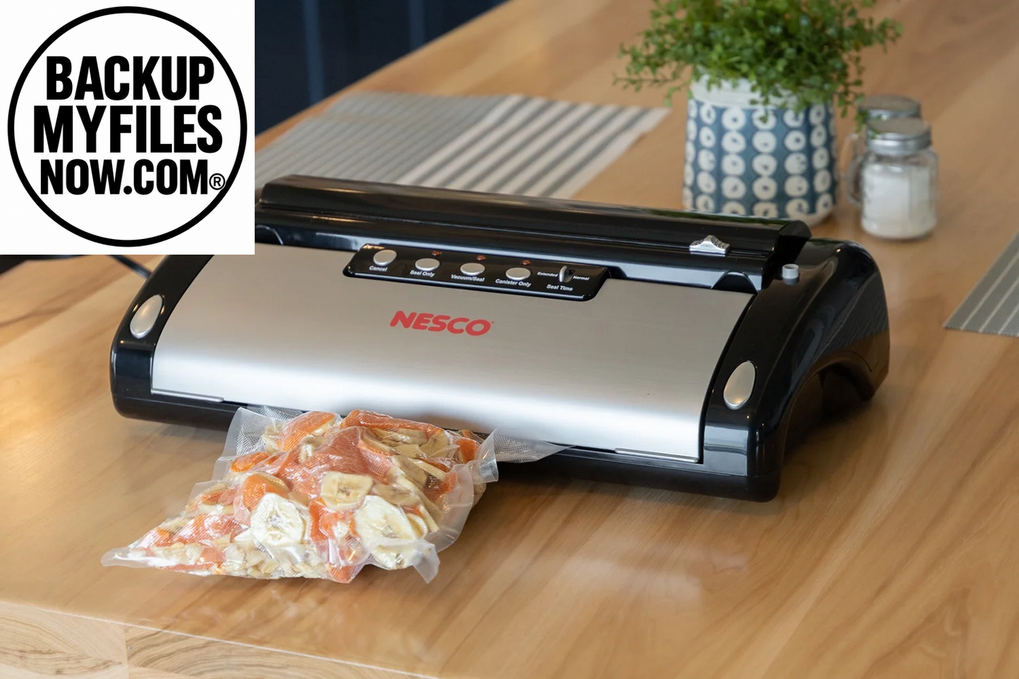 NESCO vacuum sealer machine with built-in roll storage, accessory port, and two 10-ft sealing rolls for food preservation.