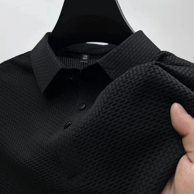 New Men's Business Casual Short Sleeved Bone Flower Solid Color POLO Shirt Fashion Breathable Comfortable Summer Versatile Top - BACKUPMYFILESNOW.COM®