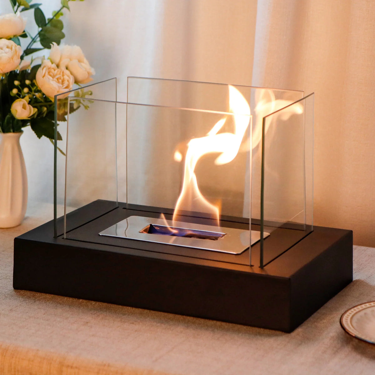 JHY DESIGN rectangular tabletop fireplace with 360° view, four-sided glass, gel and ethanol fire bowl for indoor ambiance
