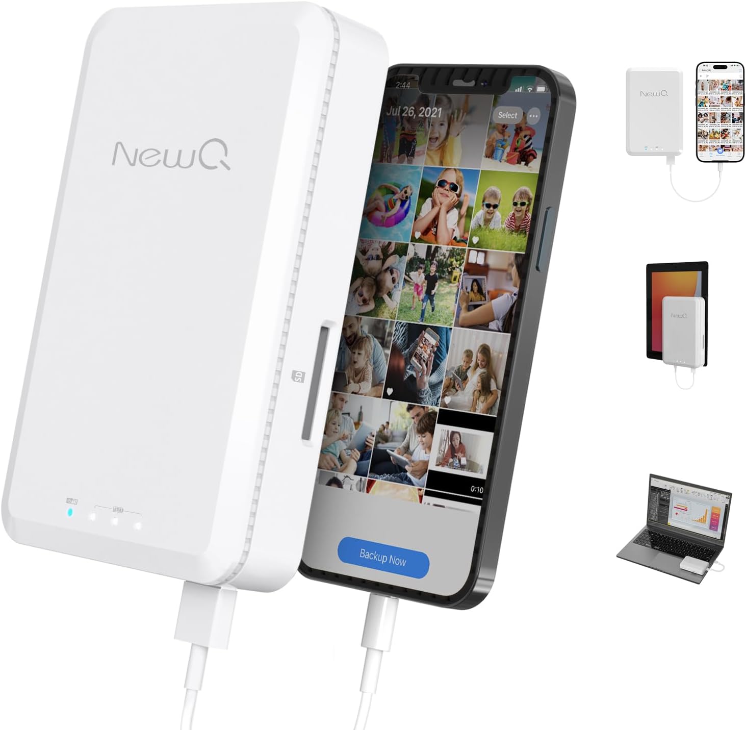 NEWQ 1TB External Hard Drive for iPhone, iPad, MacBook - USB 3.0, 2.0, 2.0 3.0 - Compatible with iOS & Android, Store Photos, Videos, Music, Documents - BACKUPMYFILESNOW