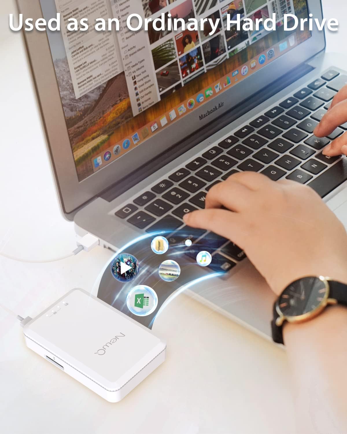 NEWQ 1TB External Hard Drive for iPhone, iPad, MacBook - USB 3.0, 2.0, 2.0 3.0 - Compatible with iOS & Android, Store Photos, Videos, Music, Documents - BACKUPMYFILESNOW