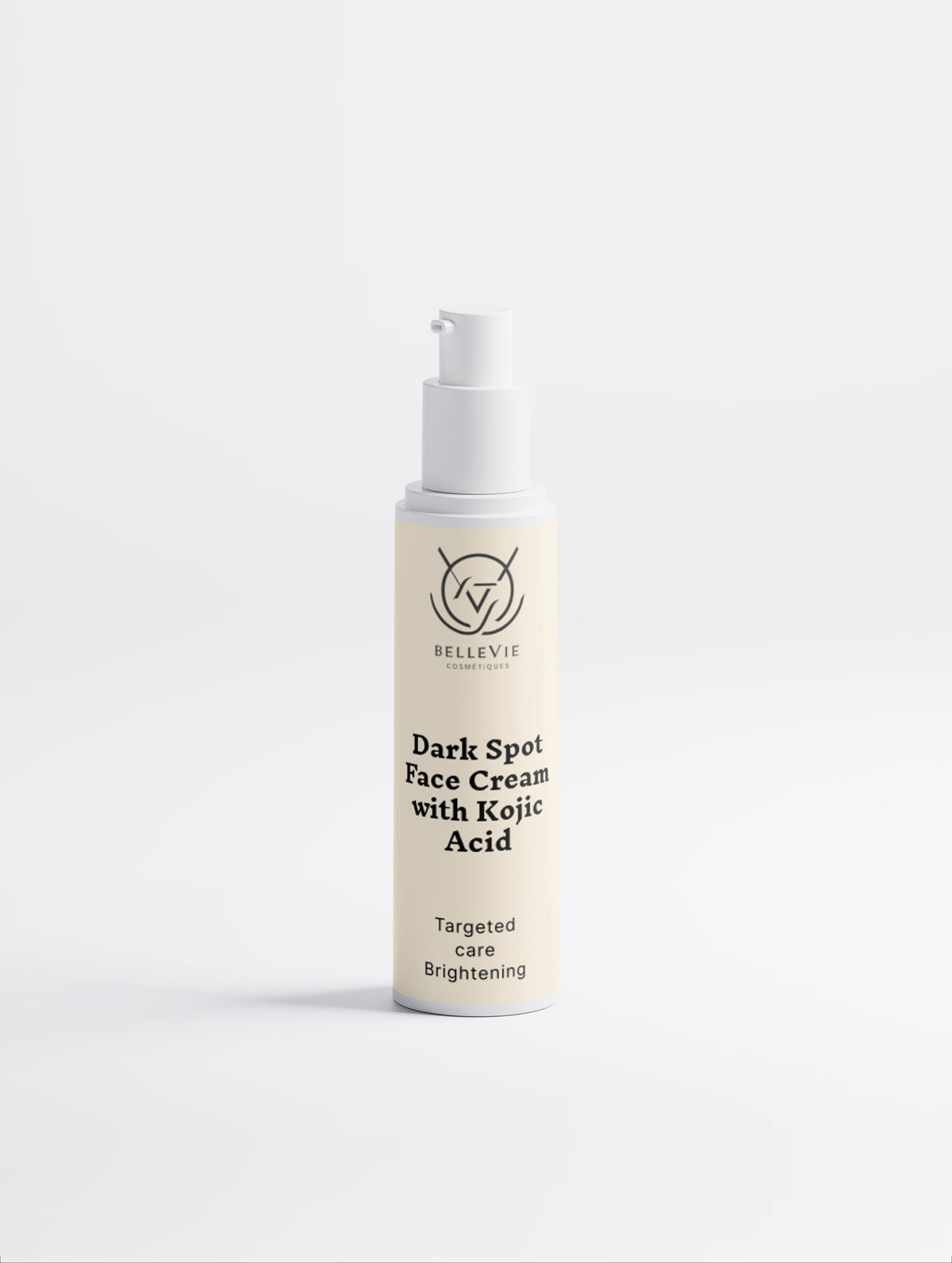 Dark spot face cream with kojic acid by BelleVie Cosmétiques, 50ml, showing the cream jar and brightening skincare benefits.