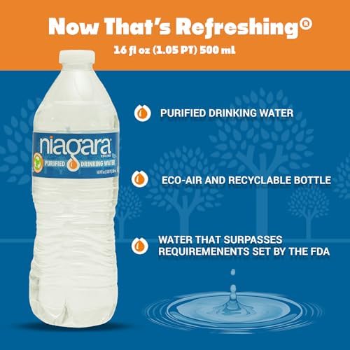 Niagara Purified Drinking Water bottles, 16.9 oz, 40-pack, arranged on a half pallet for retail distribution.