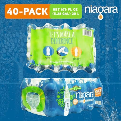 Niagara purified drinking water bottles, 16.9 oz, 40 pack, on a half pallet, with 24 cases stacked for bulk storage.