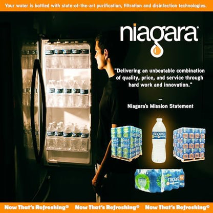 Niagara purified drinking water bottles, 16.9 oz, 40-pack, on a half pallet with 24 cases for convenient bulk hydration.