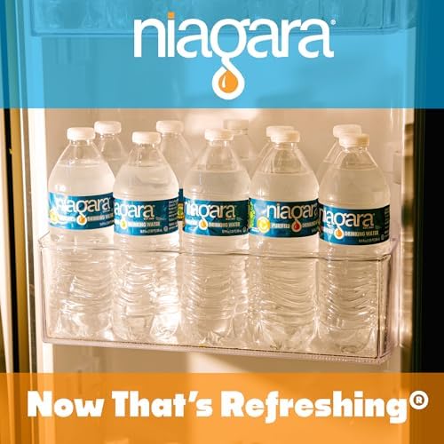 Niagara purified drinking water bottles, 16.9 oz, 40-pack, on a half pallet, with 24 cases stacked for bulk storage.