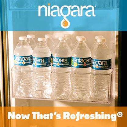 Niagara purified drinking water bottles, 16.9 oz, 40-pack, on a half pallet, with 24 cases stacked for bulk storage.