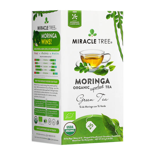 Organic Miracle Tree Moringa Green Herbal Tea bag, decaffeinated herbal tea with fresh green tea leaves and Moringa herb.