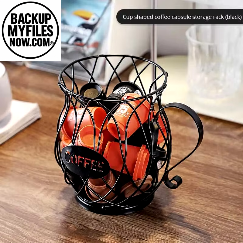 Black coffee pod holder in mug shape, large capacity organizer for coffee pods and creamer containers, ideal for coffee storage.