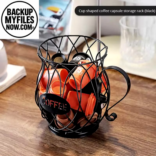 Black coffee pod holder in mug shape, large capacity organizer for coffee pods and creamer containers, ideal for coffee storage.
