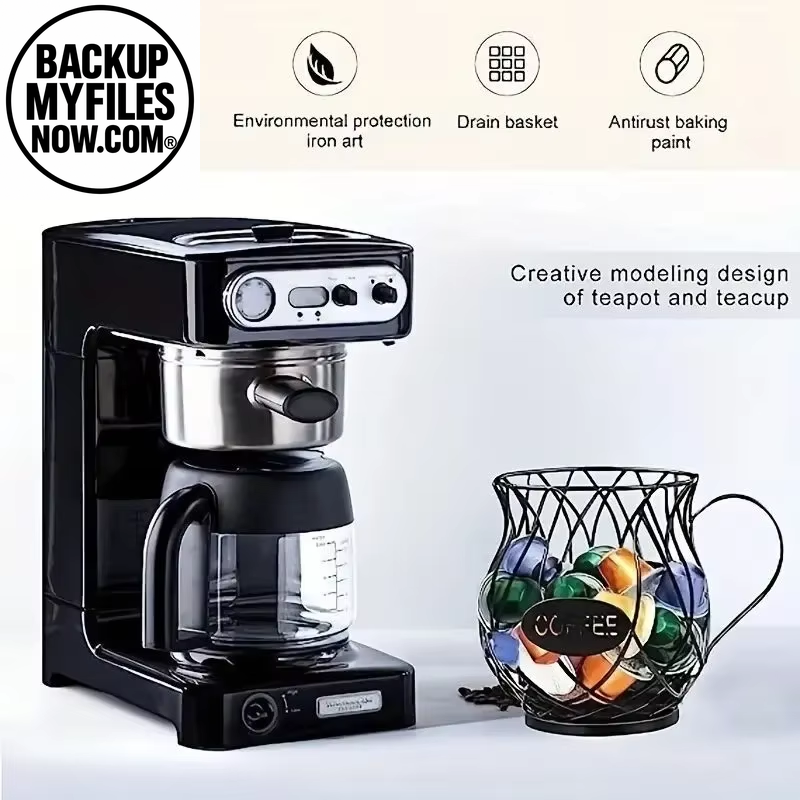 Black cup-shaped coffee pod holder and creamer container with large capacity for organizing coffee pods and accessories.