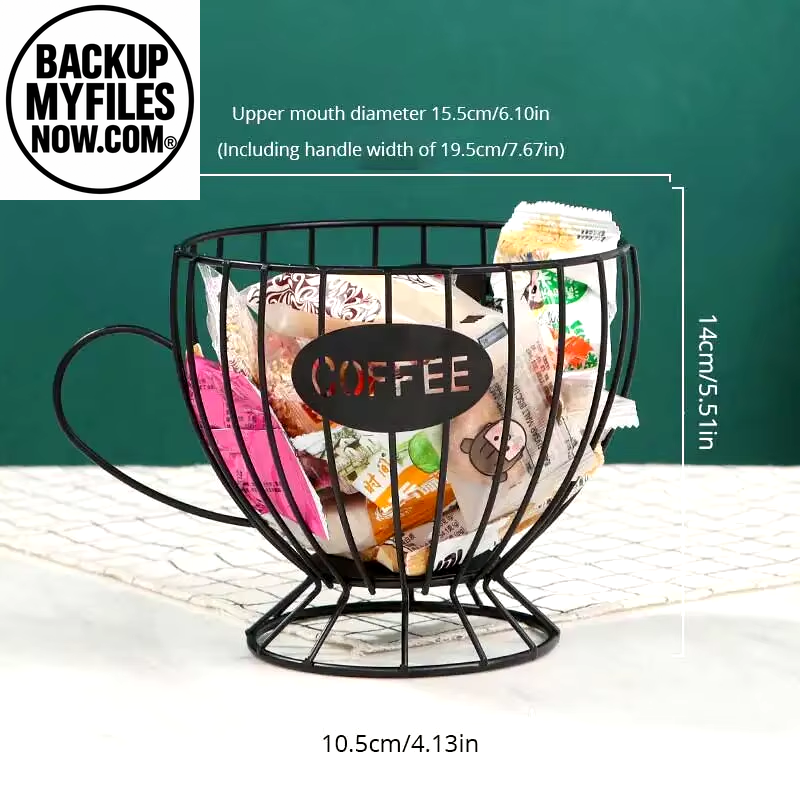 Black coffee pod holder and organizer in mug shape, large capacity for coffee pods and creamer containers, ideal for coffee storage.
