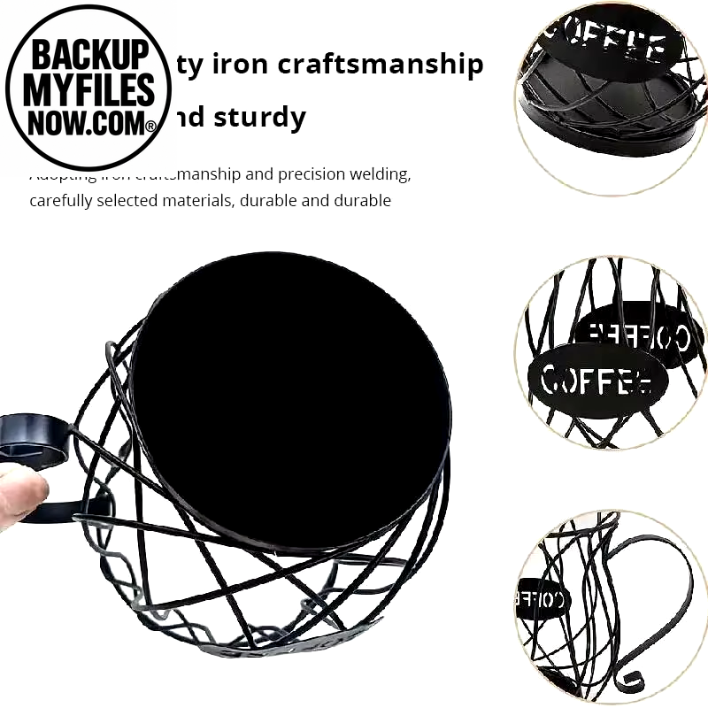 Black coffee pod holder organizer in mug shape, large capacity for coffee pods and creamer containers.