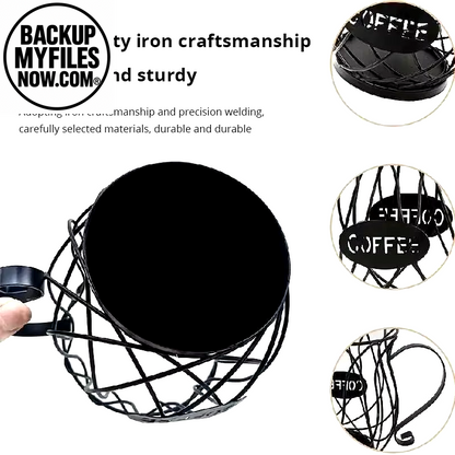 Black coffee pod holder organizer in mug shape, large capacity for coffee pods and creamer containers.
