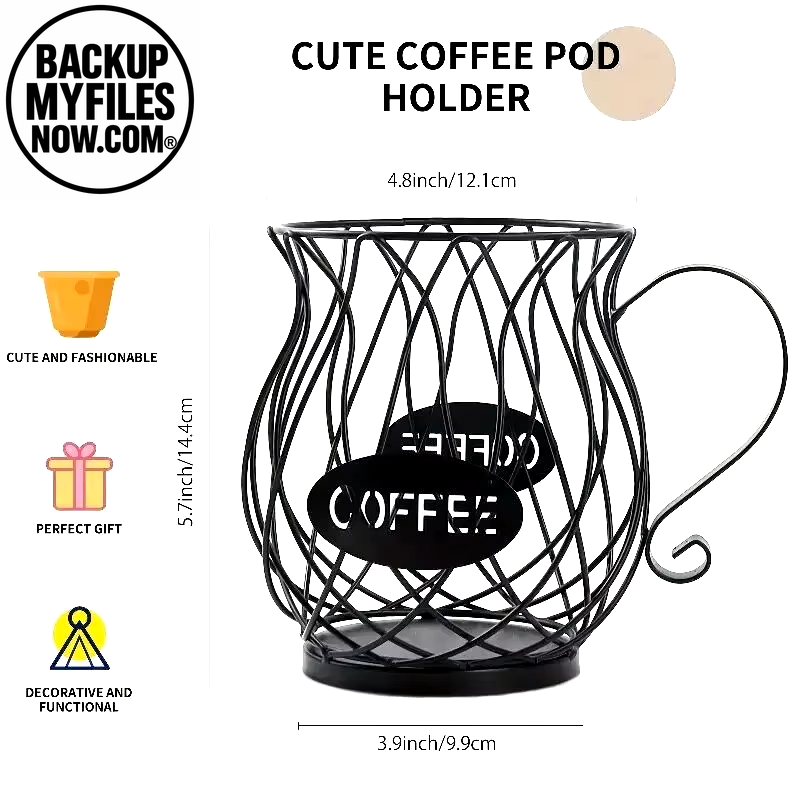 Black coffee pod holder and organizer in mug shape, large capacity for coffee pods and creamer containers.