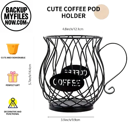 Black coffee pod holder and organizer in mug shape, large capacity for coffee pods and creamer containers.