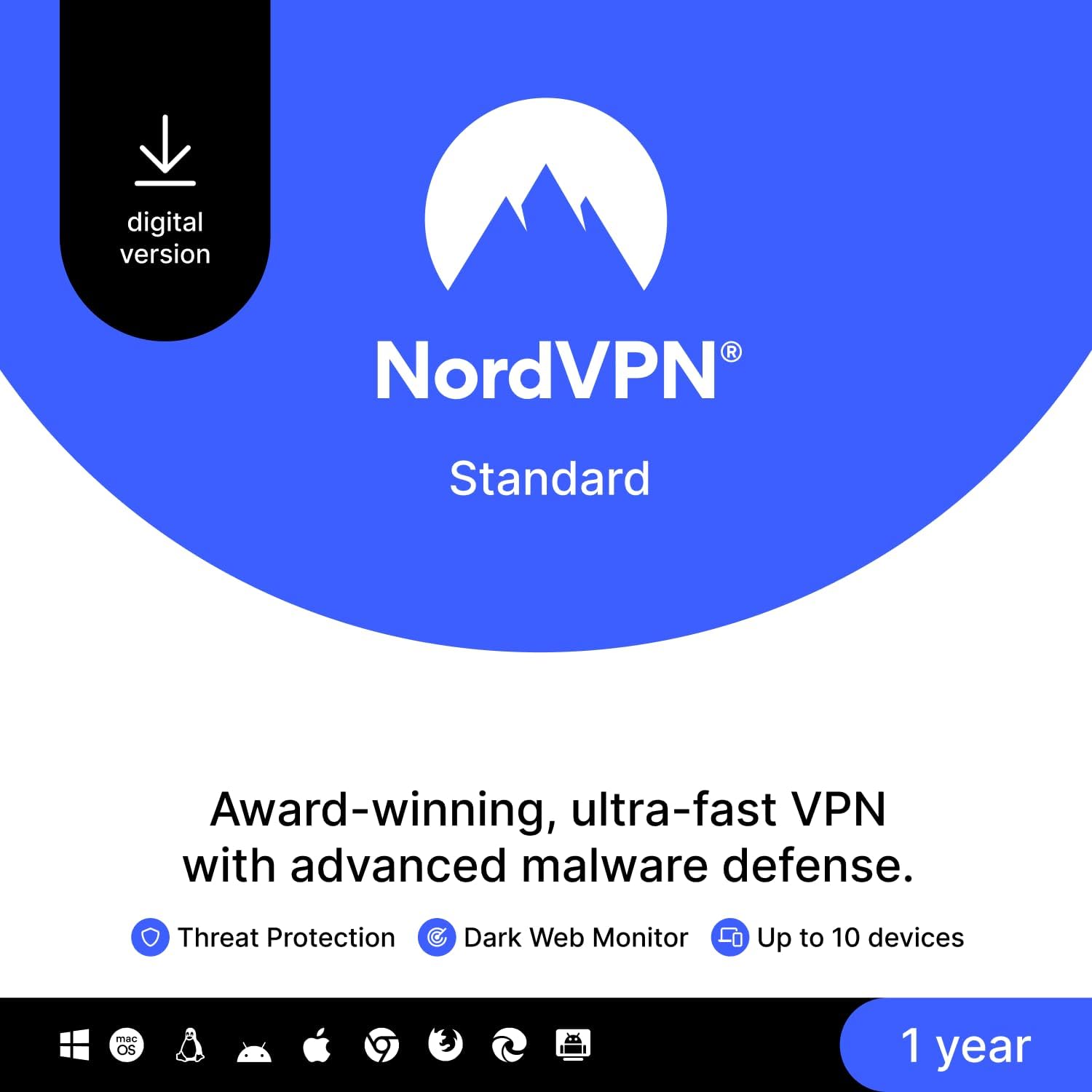 NordVPN Standard, 10 Devices, 1 - Year, VPN & Cybersecurity, Digital Code - BACKUPMYFILESNOW