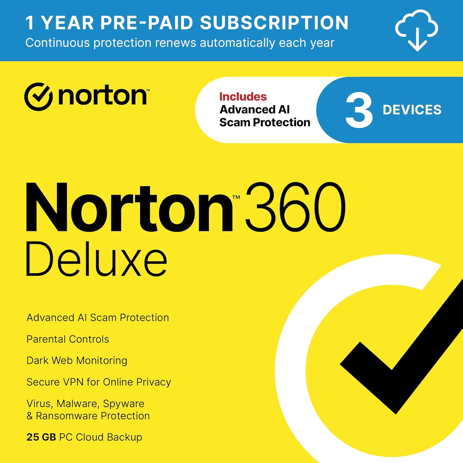 Norton 360 Deluxe 2026 Ready, Antivirus software for 3 Devices with Auto - Renewal – Includes Advanced AI Scam Protection, VPN, Dark Web Monitoring & PC Cloud Backup [Download] - BACKUPMYFILESNOW