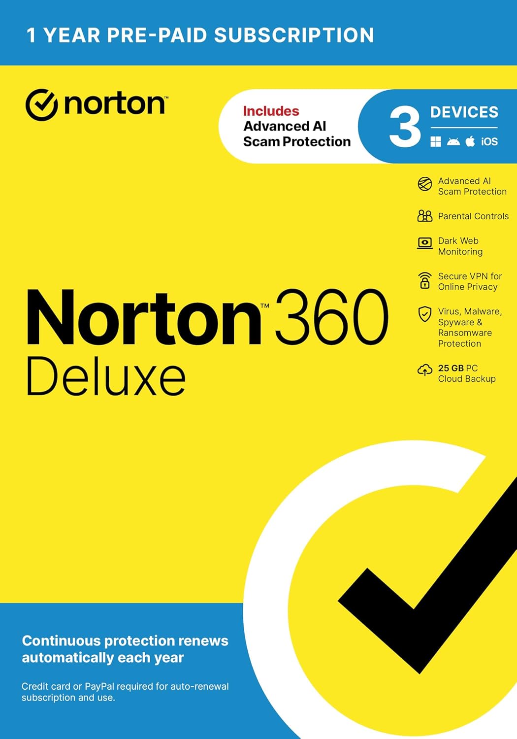 Norton 360 Deluxe 2026 Ready, Antivirus software for 3 Devices with Auto - Renewal – Includes Advanced AI Scam Protection, VPN, Dark Web Monitoring & PC Cloud Backup [Download] - BACKUPMYFILESNOW