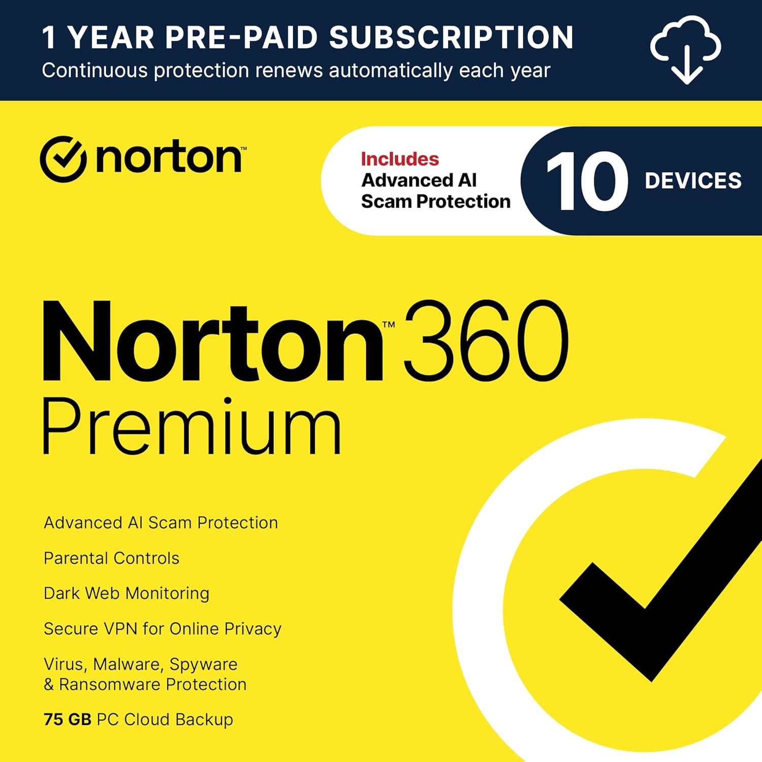 Norton 360 Premium 2026 Ready, Antivirus software for 10 Devices with Auto - Renewal – Includes Advanced AI Scam Protection, VPN, Dark Web Monitoring & PC Cloud Backup [Download] - BACKUPMYFILESNOW