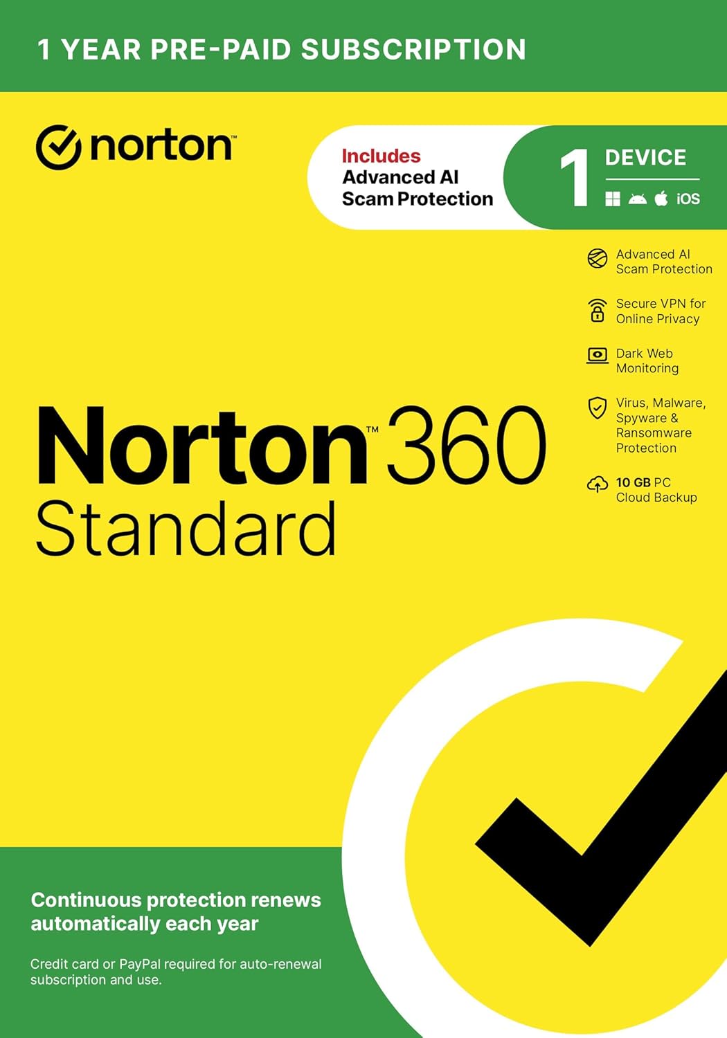 Norton 360 Standard 2026 Ready, Antivirus software for 1 Device with Auto - Renewal – Includes Advanced AI Scam Protection, VPN, Dark Web Monitoring & PC Cloud Backup [Download] - BACKUPMYFILESNOW