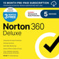 Norton 360 Deluxe 2026 antivirus software backup for 5 devices with AI scam protection, VPN, dark web monitoring, and cloud backup.